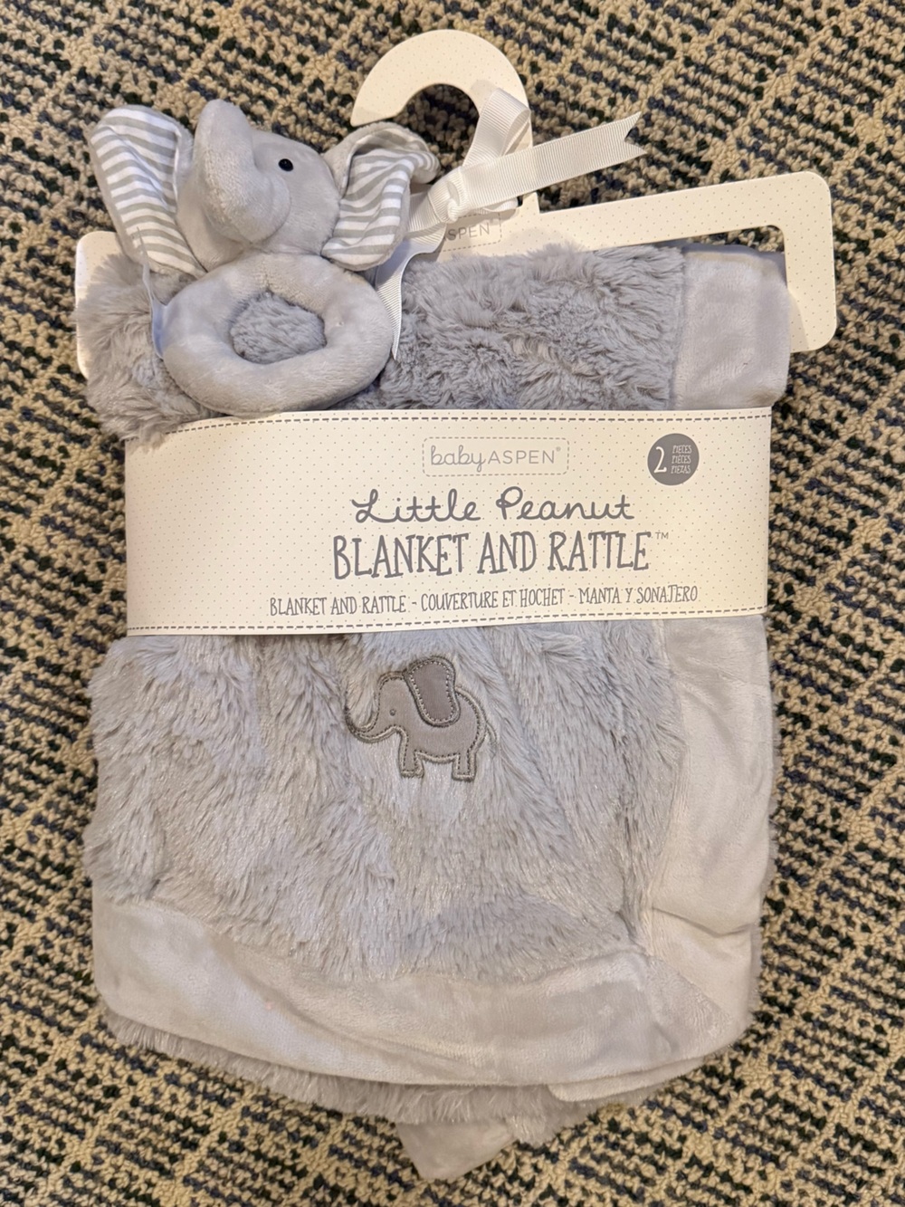 Baby Aspen Little Peanut Grey Elephant Blanket and Rattle, NWT